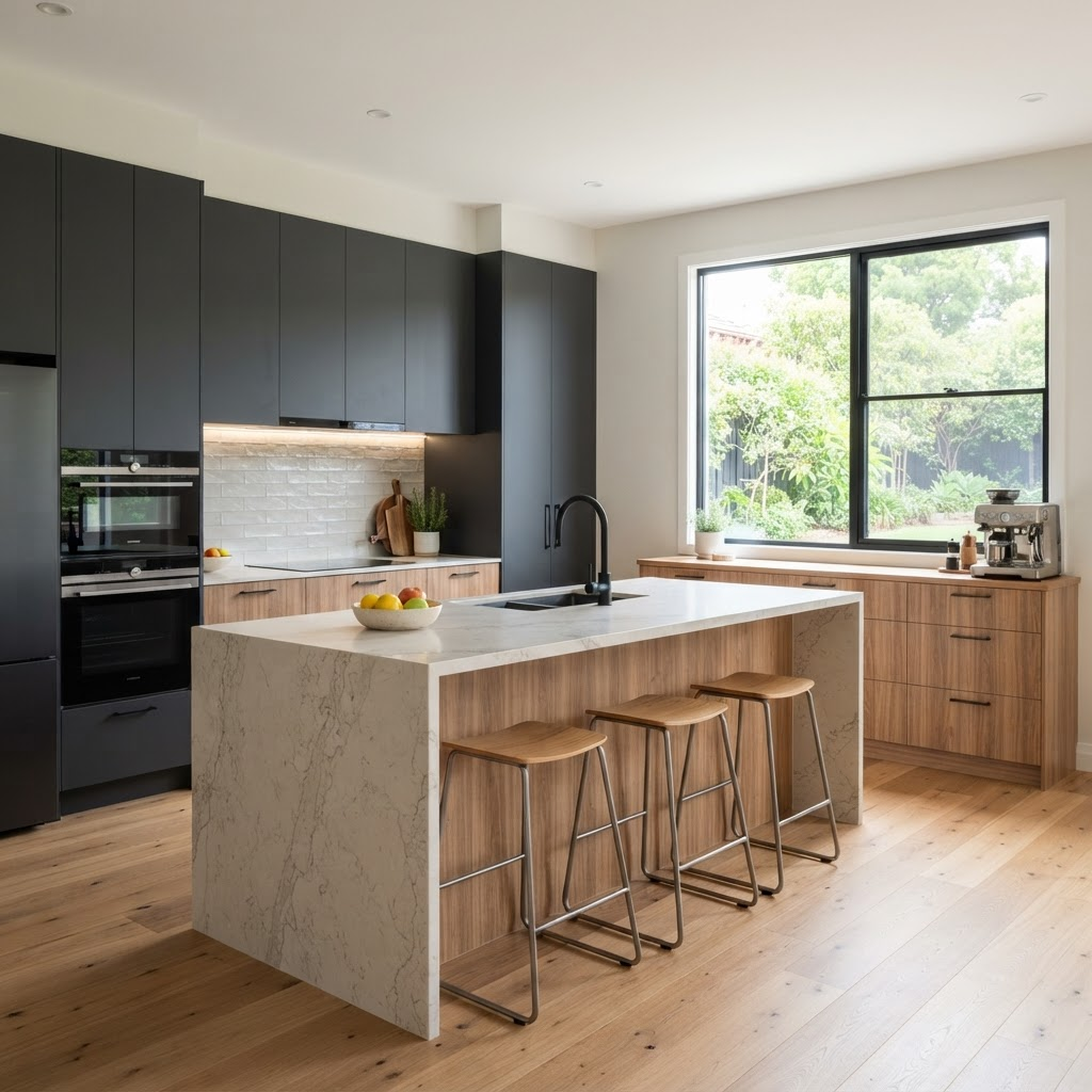 A newly renovated kitchen with timber and charcoal cabinetry