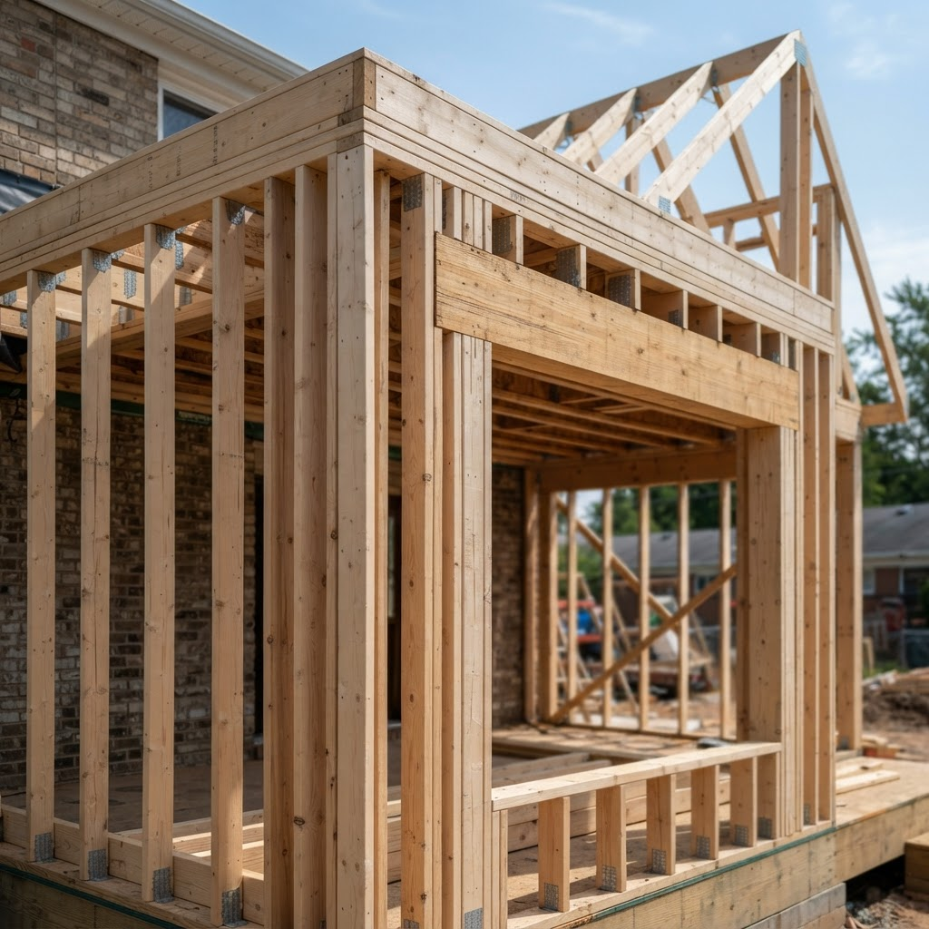 Timber house framing under construction for a home extension